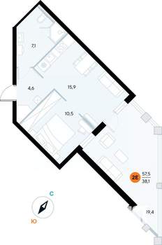 1-к квартира, строящийся дом, 57м2, 3/7 этаж