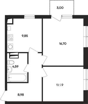 2-к квартира, строящийся дом, 55м2, 4/4 этаж