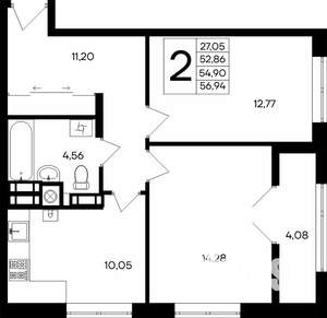 2-к квартира, строящийся дом, 57м2, 7/8 этаж
