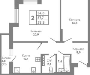 2-к квартира, вторичка, 59м2, 7/8 этаж