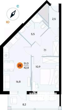 1-к квартира, строящийся дом, 51м2, 5/7 этаж