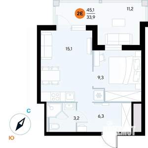 1-к квартира, строящийся дом, 45м2, 5/7 этаж