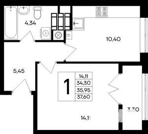 1-к квартира, строящийся дом, 37м2, 9/9 этаж