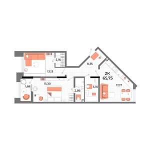 2-к квартира, строящийся дом, 63м2, 2/13 этаж