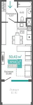 1-к квартира, строящийся дом, 50м2, 4/9 этаж