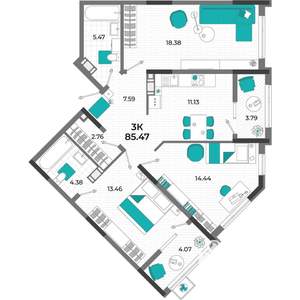 3-к квартира, вторичка, 85м2, 7/13 этаж