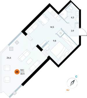 1-к квартира, строящийся дом, 58м2, 1/7 этаж