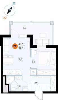 1-к квартира, строящийся дом, 44м2, 2/7 этаж