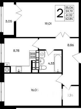 2-к квартира, строящийся дом, 62м2, 5/9 этаж
