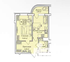 1-к квартира, вторичка, 44м2, 3/12 этаж