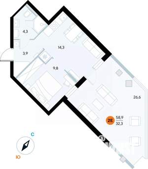 1-к квартира, строящийся дом, 59м2, 1/7 этаж