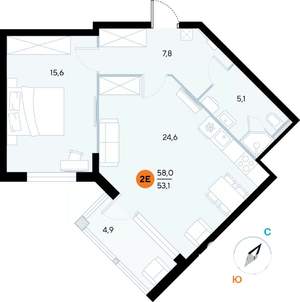 1-к квартира, строящийся дом, 57м2, 6/7 этаж