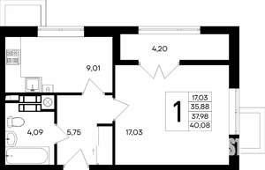 1-к квартира, строящийся дом, 40м2, 1/9 этаж