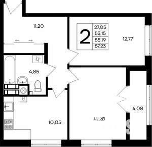2-к квартира, строящийся дом, 57м2, 1/8 этаж