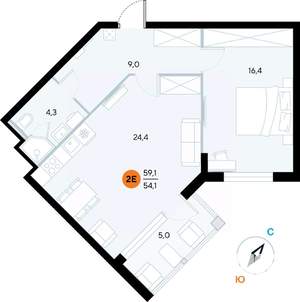 1-к квартира, строящийся дом, 60м2, 2/7 этаж