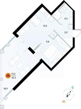 1-к квартира, строящийся дом, 51м2, 2/7 этаж