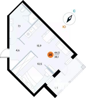 1-к квартира, строящийся дом, 44м2, 5/7 этаж