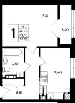 1-к квартира, строящийся дом, 44м2, 8/8 этаж