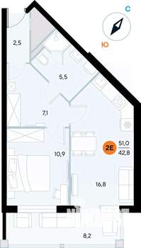 1-к квартира, строящийся дом, 50м2, 3/7 этаж