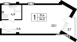 1-к квартира, строящийся дом, 34м2, 3/8 этаж