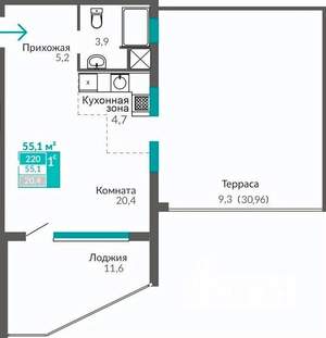 1-к квартира, строящийся дом, 55м2, 8/10 этаж