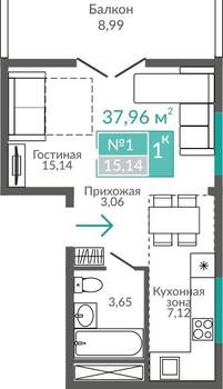 1-к квартира, вторичка, 38м2, 2/9 этаж
