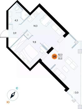 1-к квартира, строящийся дом, 52м2, 2/7 этаж