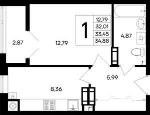 1-к квартира, строящийся дом, 35м2, 2/8 этаж
