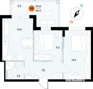 2-к квартира, строящийся дом, 60м2, 5/7 этаж