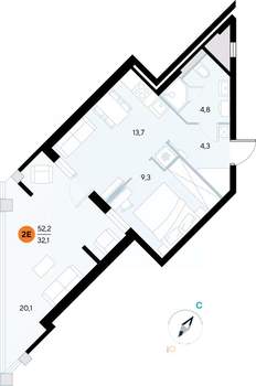 1-к квартира, строящийся дом, 51м2, 2/7 этаж