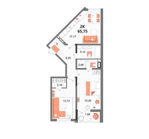 2-к квартира, вторичка, 66м2, 4/13 этаж