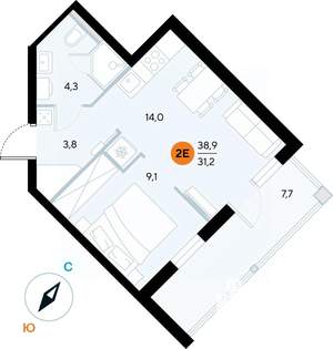 1-к квартира, строящийся дом, 39м2, 6/7 этаж