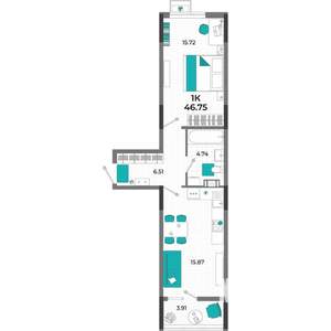 1-к квартира, вторичка, 47м2, 6/13 этаж