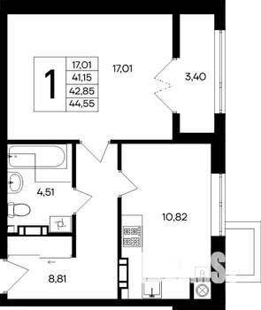 1-к квартира, строящийся дом, 44м2, 8/8 этаж