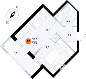 1-к квартира, строящийся дом, 39м2, 3/7 этаж