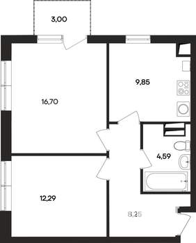 2-к квартира, строящийся дом, 55м2, 3/4 этаж