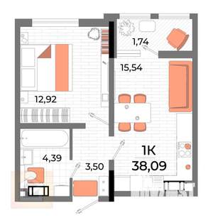 1-к квартира, вторичка, 38м2, 3/7 этаж