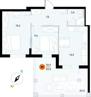 2-к квартира, строящийся дом, 71м2, 2/7 этаж
