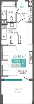 1-к квартира, строящийся дом, 50м2, 2/9 этаж