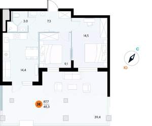 2-к квартира, строящийся дом, 88м2, 1/7 этаж