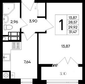 1-к квартира, строящийся дом, 31м2, 1/9 этаж