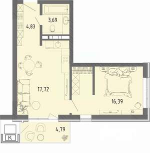 1-к квартира, вторичка, 44м2, 3/16 этаж