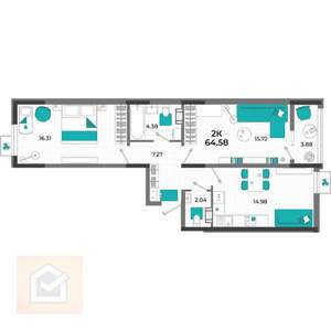 2-к квартира, вторичка, 65м2, 6/13 этаж