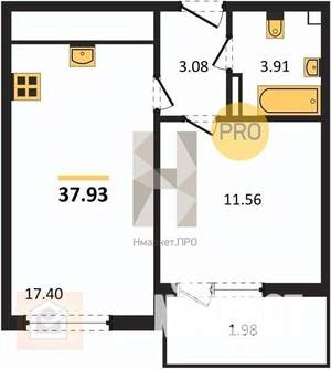 1-к квартира, вторичка, 38м2, 6/15 этаж