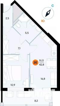 1-к квартира, строящийся дом, 51м2, 3/7 этаж