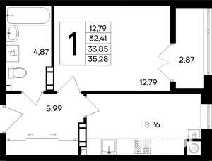 1-к квартира, строящийся дом, 35м2, 1/8 этаж