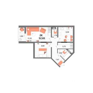 2-к квартира, строящийся дом, 53м2, 6/13 этаж