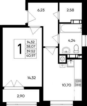 1-к квартира, строящийся дом, 41м2, 3/9 этаж