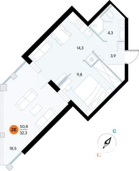 1-к квартира, строящийся дом, 50м2, 3/7 этаж