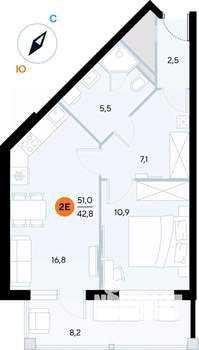 1-к квартира, строящийся дом, 51м2, 2/7 этаж